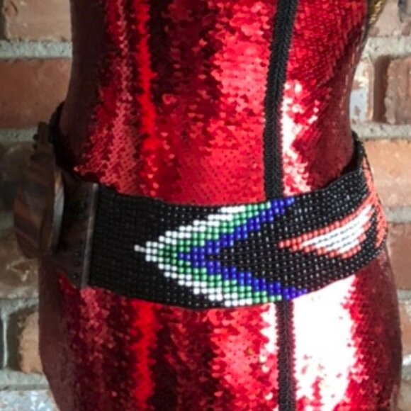 Vintage 80s Hand Beaded Stretch Belt With Wooden Buckle, Wearable Art. - Picture 4 of 4